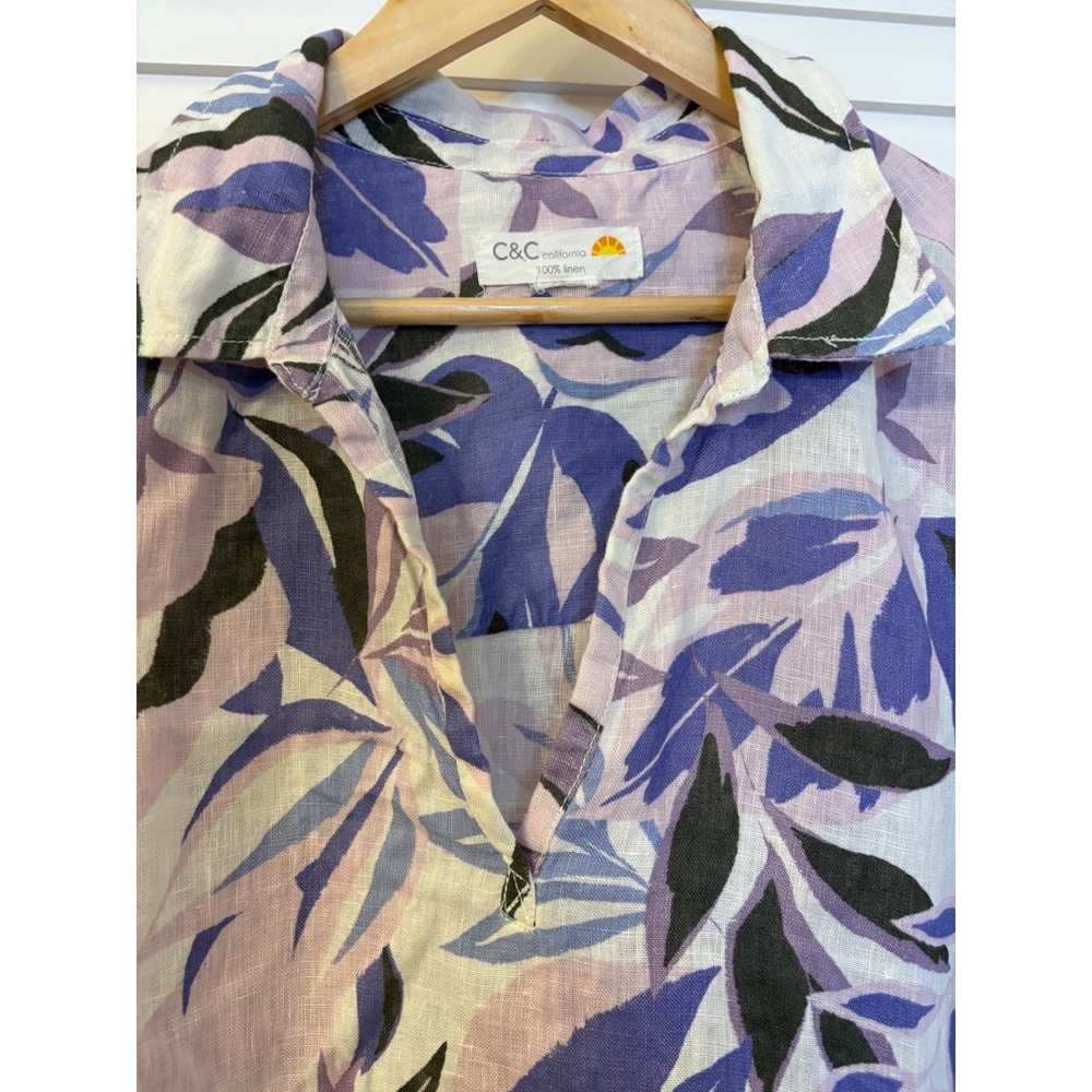 C&C California Women Purple Tropical Leaf Print 100% Linen Tunic Top 3/4 Sleeve - Picture 8 of 11